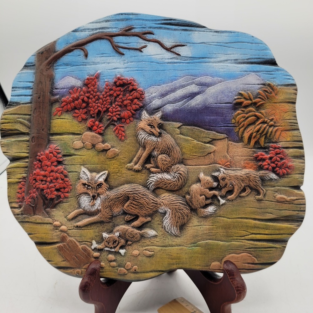 Vintage Macky Molds Hand Painted Ceramic Wall Art Wildlife Fox Tree Scene 1980
